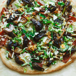 Roasted Brussels Sprouts and Vegan Salami Pizza