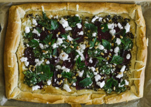 Beet and Vegan Feta Filo Pizza