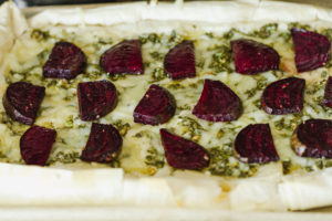 Beet and Vegan Feta Filo Pizza