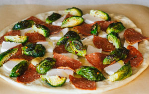 Roasted Brussels Sprouts and Vegan Salami Pizza