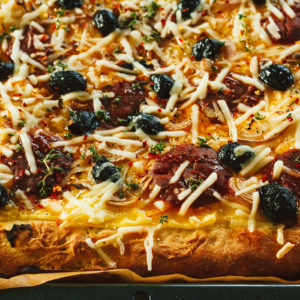 Cured Olives and Provolone Sicilian Pizza