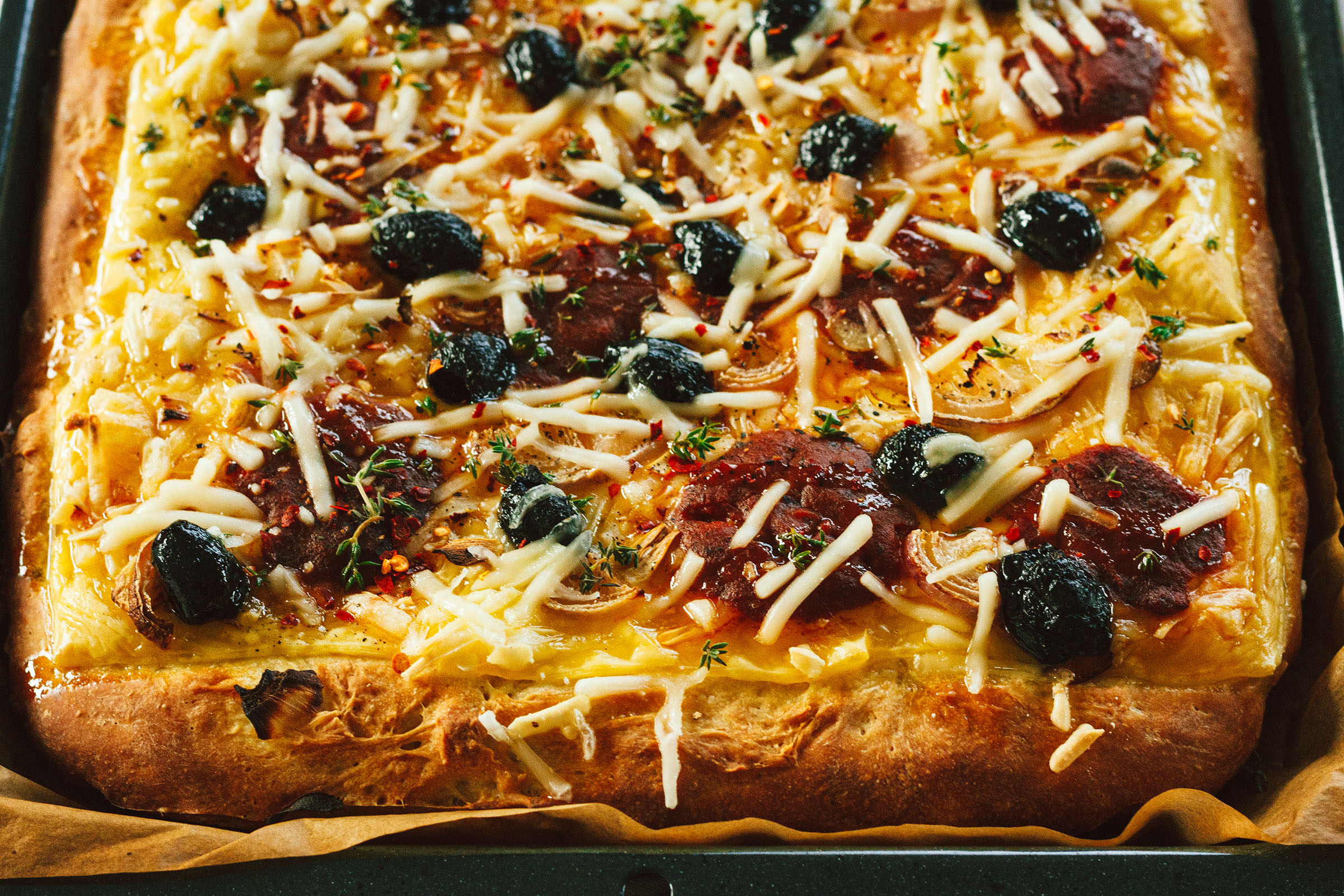 Sicilian Pizza with Black Olives and Mushrooms Recipe