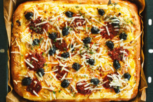 Cured Olives and Provolone Sicilian Pizza