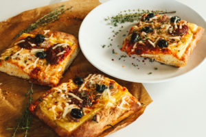 Cured Olives and Provolone Sicilian Pizza