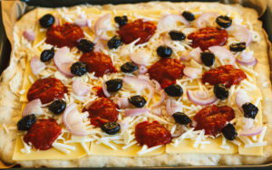 Cured Olives and Provolone Sicilian Pizza