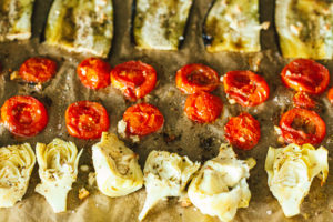 Eggplant, Artichoke, and Tomato Bread Pizza