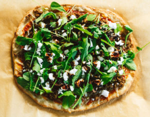 Sausage Mushroom Leek Pizza with Arugula and Fig Balsamic Reduction