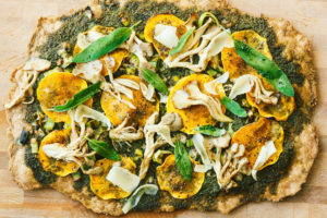 Autumn Butternut Kale Pesto Pizza on Spelt Crust