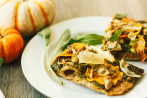 Autumn Butternut Kale Pesto Pizza on Spelt Crust