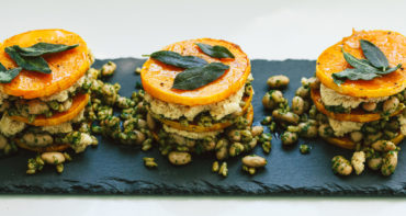 Butternut Stacks with Almond Ricotta and Sage Kale Pesto