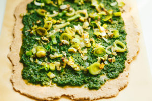 Autumn Butternut Kale Pesto Pizza on Spelt Crust