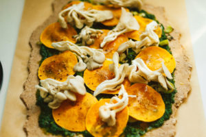 Autumn Butternut Kale Pesto Pizza on Spelt Crust