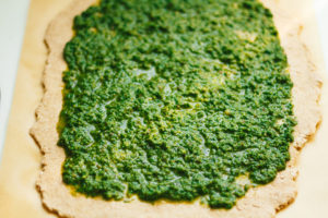 Autumn Butternut Kale Pesto Pizza on Spelt Crust