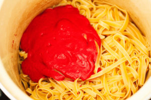 Crispy Tofu Hearts with Beet Fettuccine Alfredo and Almond Ricotta
