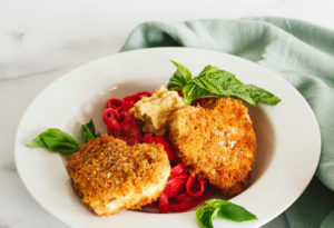 Crispy Tofu Hearts with Beet Fettuccine Alfredo and Almond Ricotta