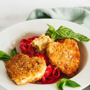 Crispy Tofu Hearts with Beet Fettuccine Alfredo and Almond Ricotta