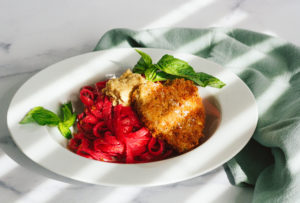 Crispy Tofu Hearts with Beet Fettuccine Alfredo and Almond Ricotta
