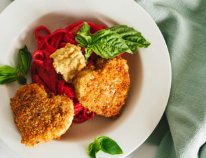 Crispy Tofu Hearts with Beet Fettuccine Alfredo and Almond Ricotta