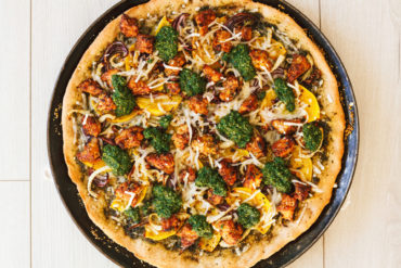 Roasted Pumpkin, Fennel, and Maple Tempeh Sausage Pizza with Pesto