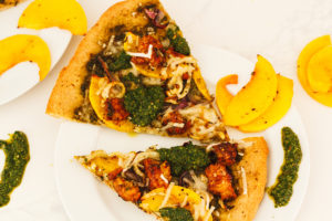 Roasted Pumpkin, Fennel, and Maple Tempeh Sausage Pizza with Pesto