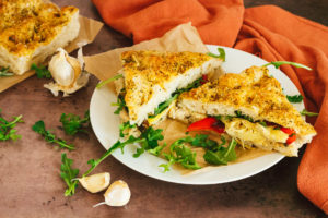 Roasted Vegetable Sandwich with Rosemary Garlic White Bean Spread on Focaccia