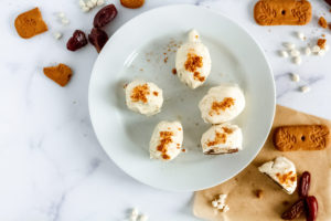 Vegan White Chocolate Covered Cookie Butter Cheesecake Stuffed Dates