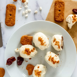 Vegan White Chocolate Covered Cookie Butter Cheesecake Stuffed Dates