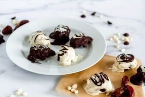 Salted Tahini Caramel Stuffed Dates Covered in Dark & White Chocolate