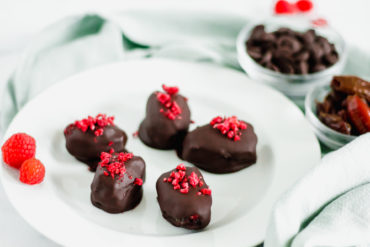 Chia Raspberry Stuffed Dates Covered in Dark Chocolate