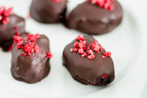 Chia Raspberry Stuffed Dates Covered in Dark Chocolate