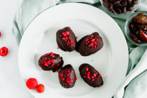 Chia Raspberry Stuffed Dates Covered in Dark Chocolate