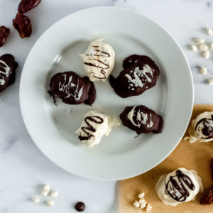 Salted Tahini Caramel Stuffed Dates Covered in Dark & White Chocolate