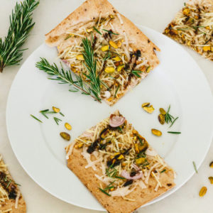 Pistachio, Rosemary, and Shallot Lavash Pizza with Balsamic Reduction