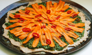 Carrot Top Pesto Pizza on Spelt Crust