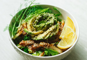 Chopped Romaine & Sautéed Fennel Salad with Hemp Seeds, Avocado & Miso Dressing