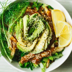 Chopped Romaine & Sautéed Fennel Salad with Hemp Seeds, Avocado & Miso Dressing