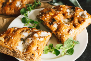 Vegan Whole Wheat Oregano, Feta, Garlic, and Apple Honey Focaccia Bread