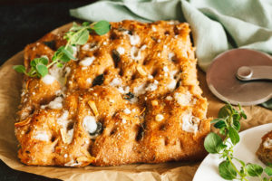 Vegan Whole Wheat Oregano, Feta, Garlic, and Apple Honey Focaccia Bread