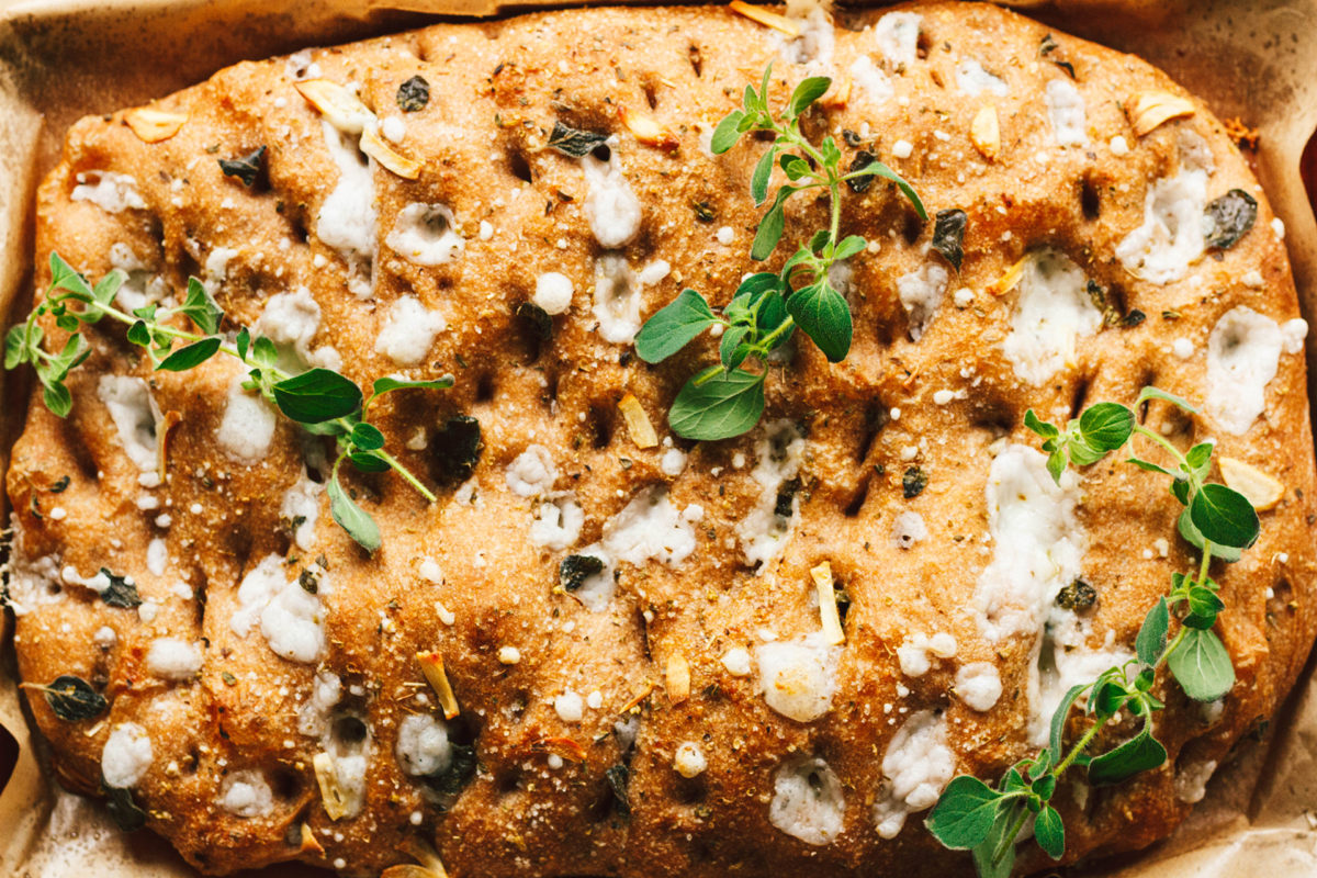 Vegan Whole Wheat Oregano, Feta, Garlic, and Apple Honey Focaccia Bread
