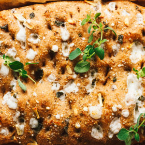 Vegan Whole Wheat Oregano, Feta, Garlic, and Apple Honey Focaccia Bread