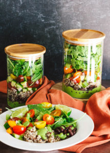 Meal Prep Quinoa, Black Bean, Arugula Bowl with an Herby Poblano Green Dressing