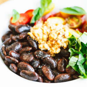 Scarlet Runner Heirloom Beans with Cherry Tomatoes Fresh Basil Leaves and a Crunchy Pine Nut Chili Sauce