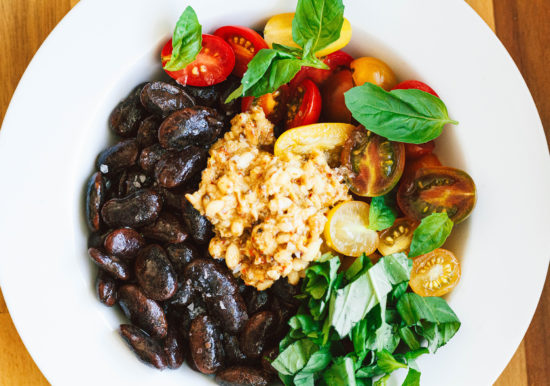 Scarlet Runner Heirloom Beans with Cherry Tomatoes Fresh Basil Leaves and a Crunchy Pine Nut Chili Sauce