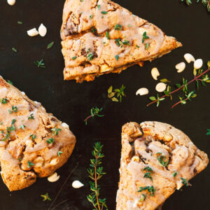 Whole Grain White Chocolate, Fig, Thyme, and Walnut Scones with a Cardamom Glaze